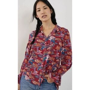 Maeve By Anthropologie Darla Floral Bird Button front Blouse Burgundy Size 6
